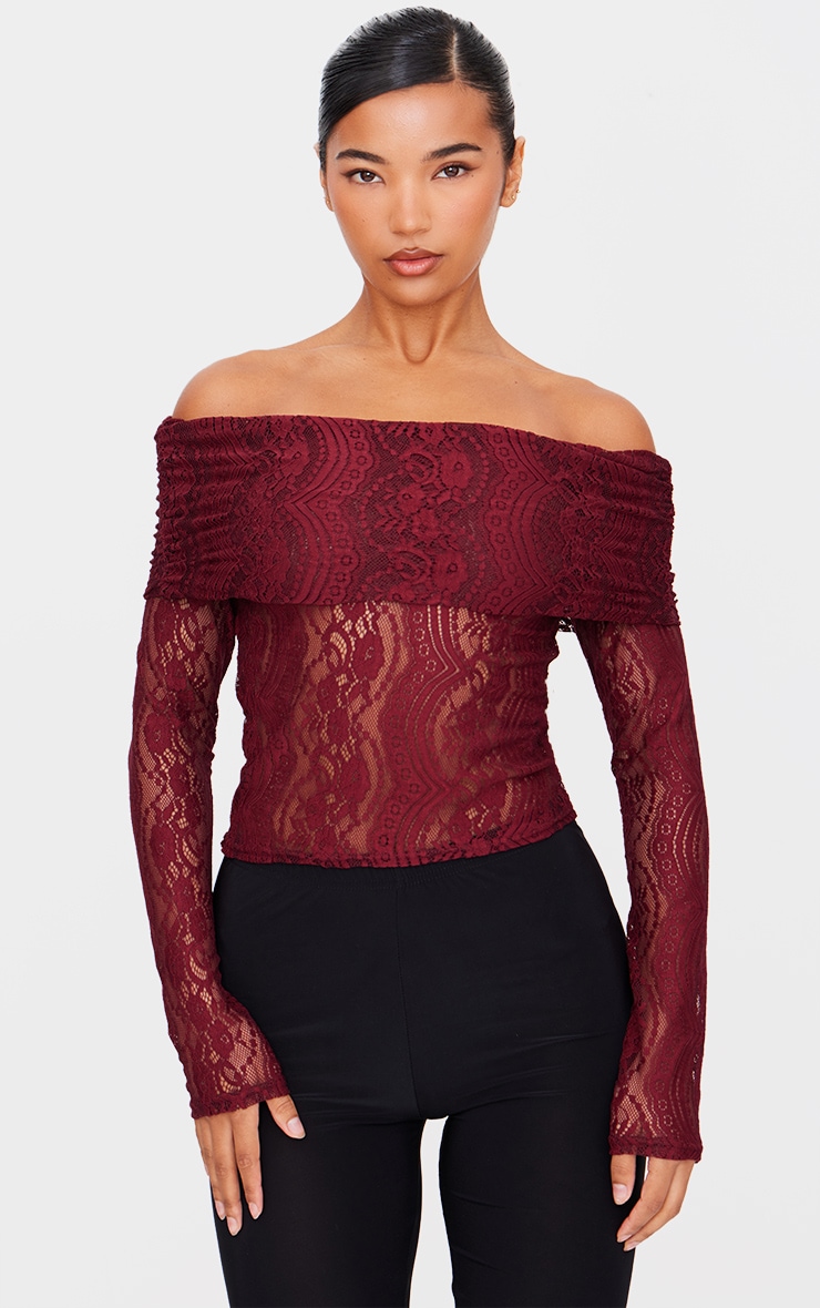 Burgundy Textured Extreme Fold Over Long Sleeve Top image 3