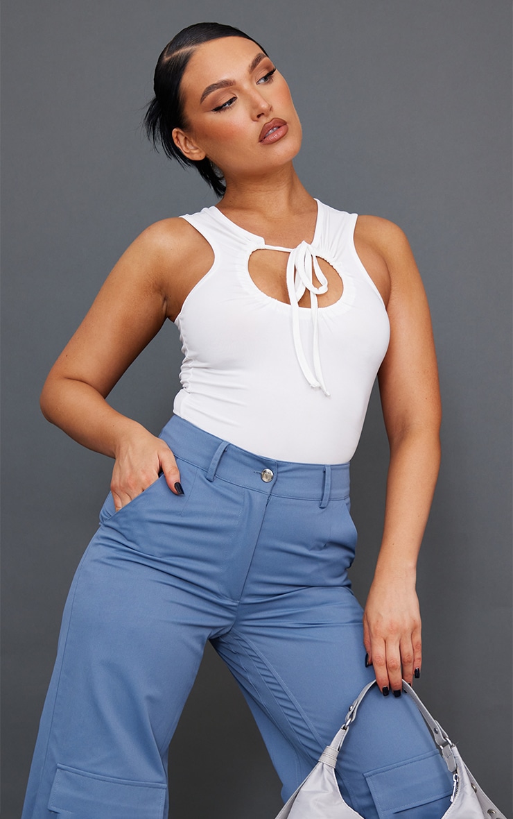 Cream Slinky Ruched Cut Out Tie Bodysuit PrettyLittleThing USA