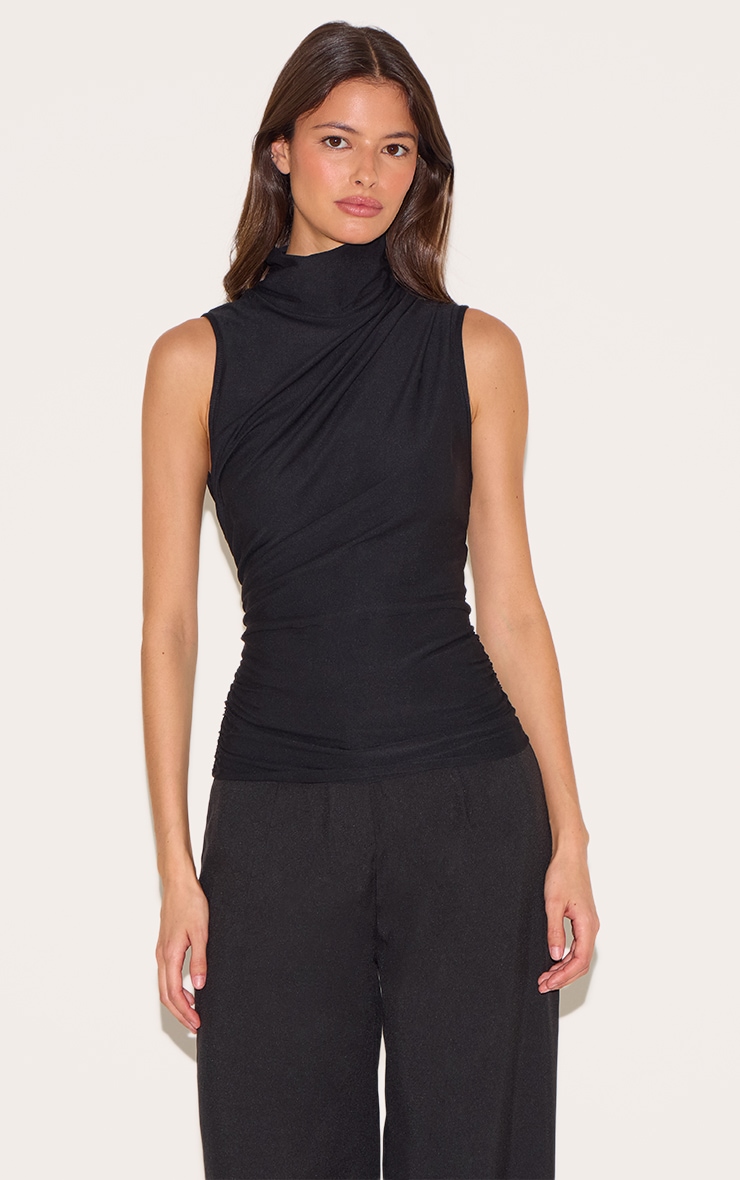 Black Soft Touch Ruched Side High Neck Top