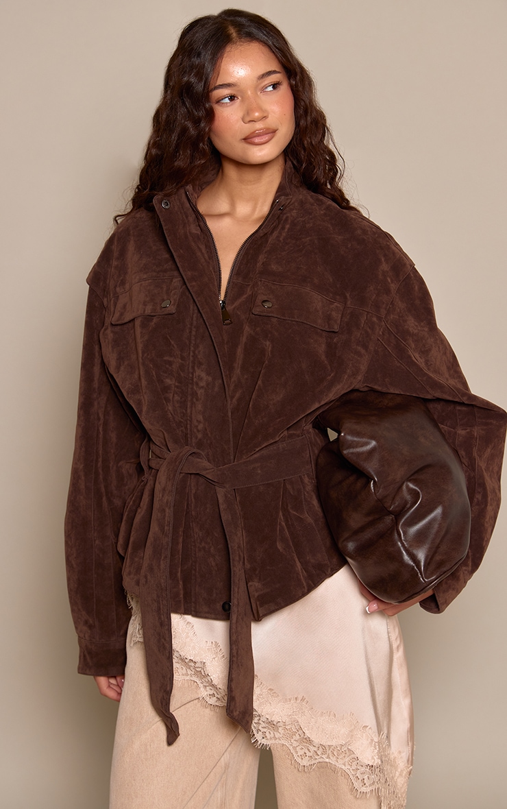 Chocolate Faux Suede Belted Drop Waist Jacket image 4