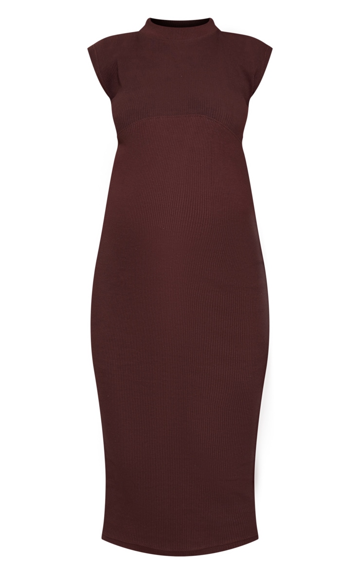 Maternity Chocolate Midaxi  Ribbed Shoulder Pad Bodycon Dress  image 5