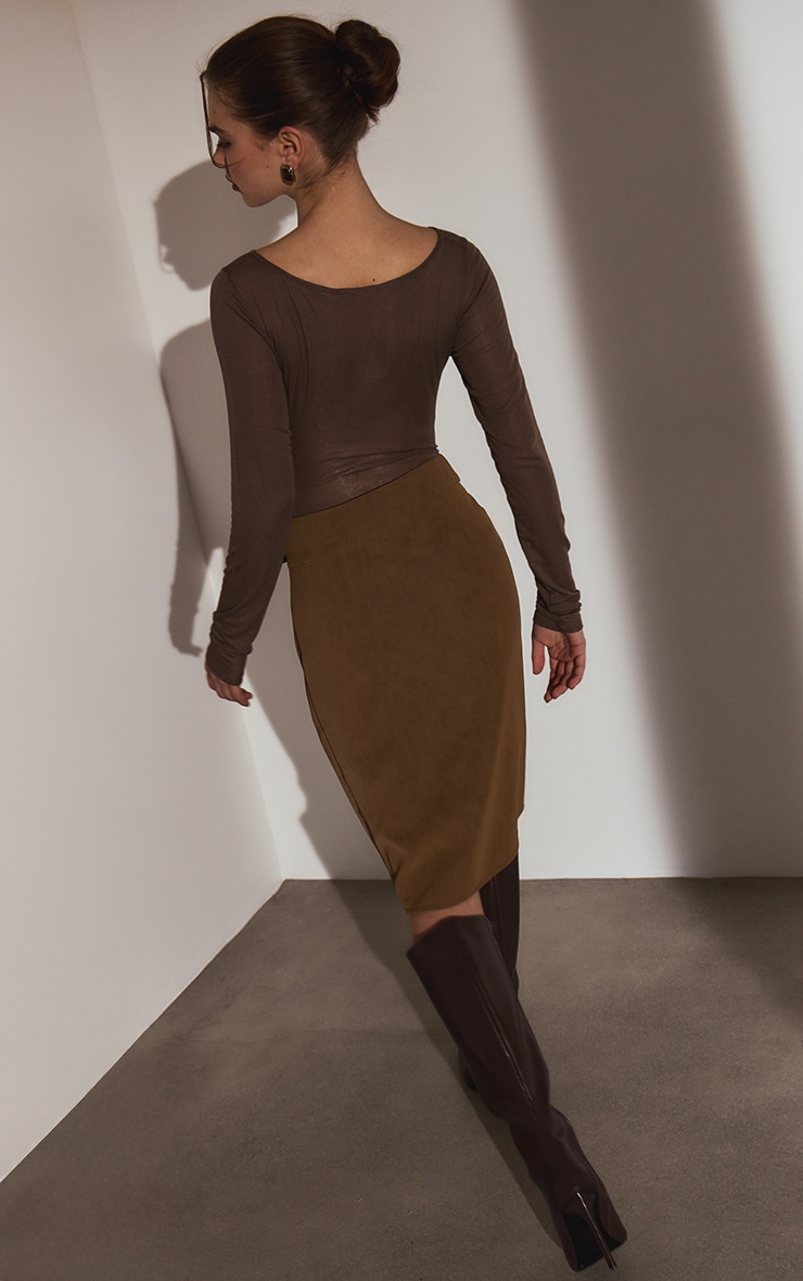 Light Brown Soft Faux Leather Belted Midi Skirt image 3