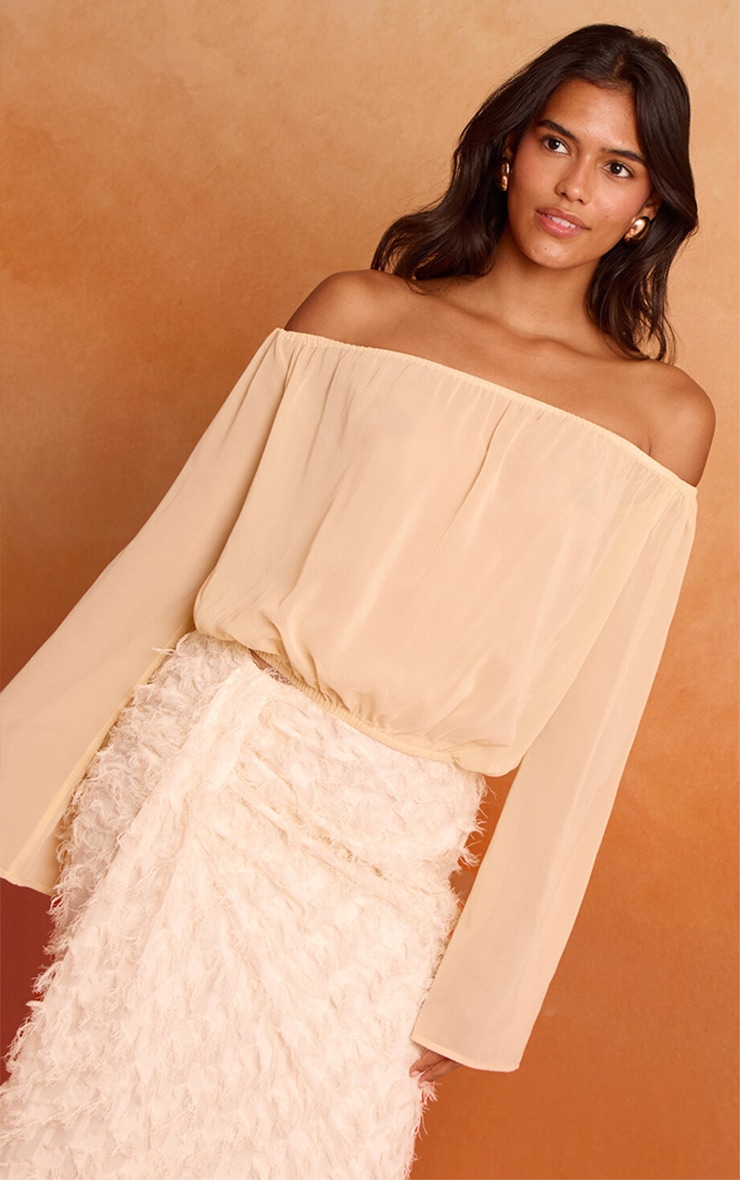 Butter Cream Chiffon Ruched Bardot Blouse image 1