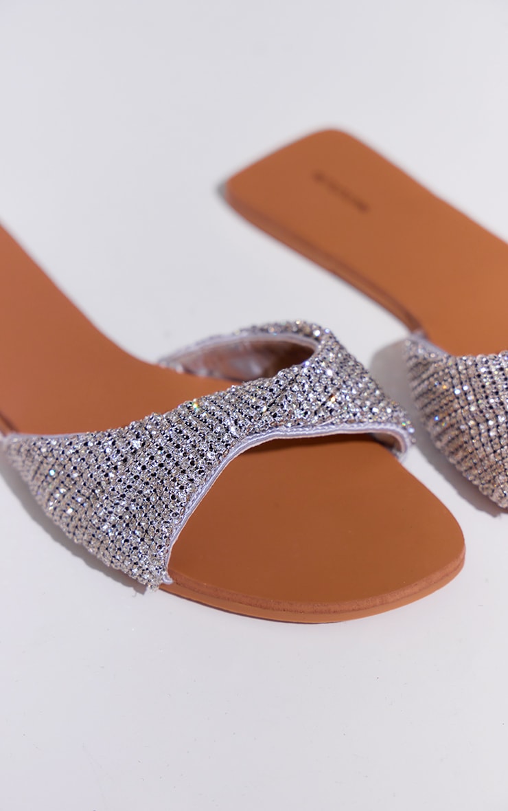 Silver Pu Round Toe Diamante Strap Flat Sandals image 4