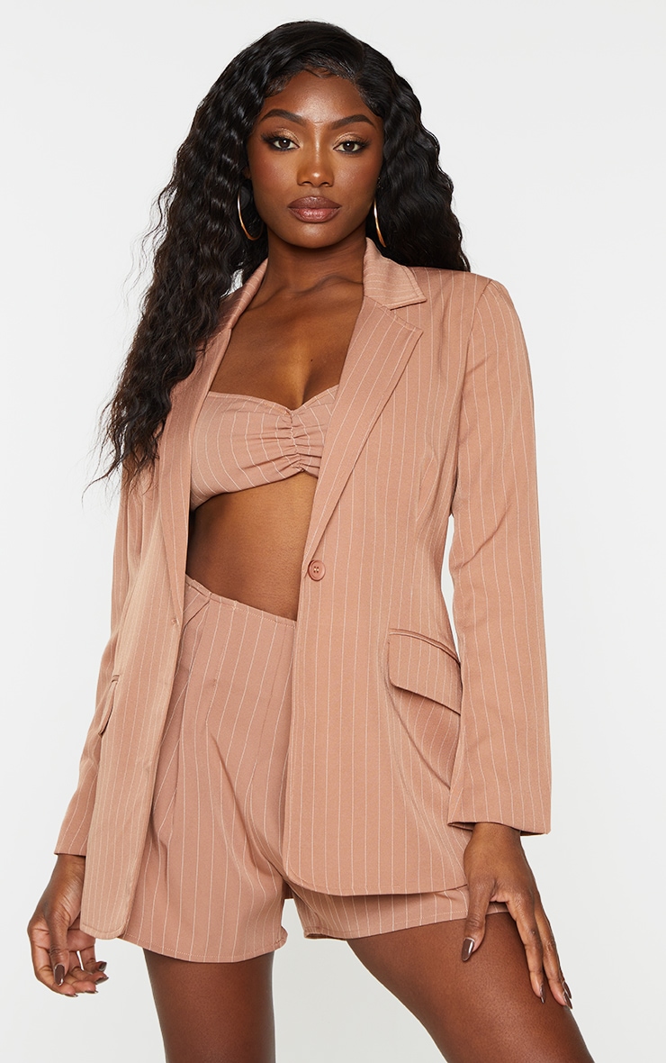 Blazer gris pierre en maille tissée à fine rayures et poches