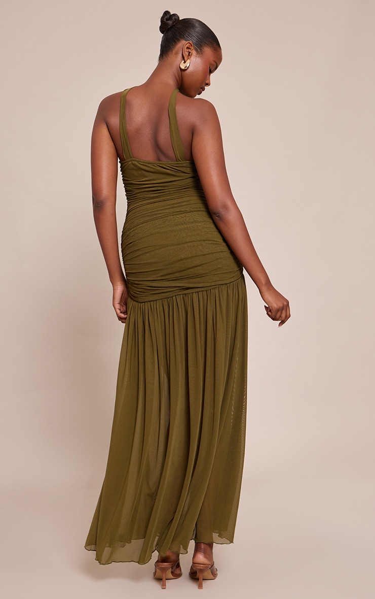 Olive Ruched Scarf Dropped Waist Maxi Dress image 2