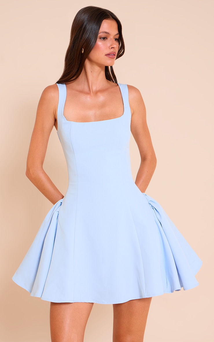 Pale Blue Woven Square Neck Shift Dress image 1