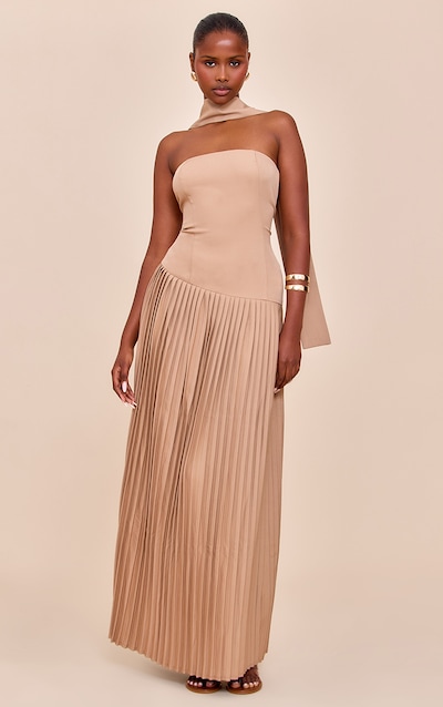 Robe longue tissée taupe plissée à taille asymétrique