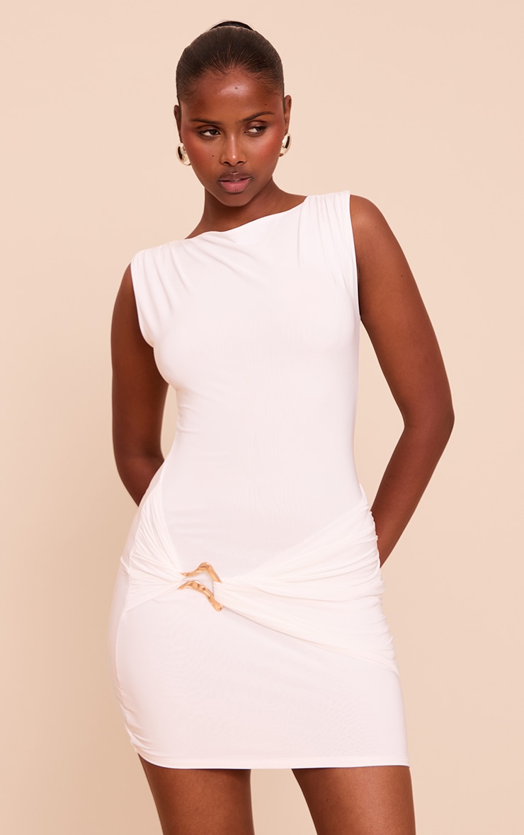 White Slinky Ruched Trim Detail Mini Dress image 1
