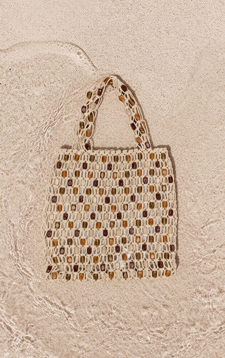 Cream Macrame Beaded Tote Bag