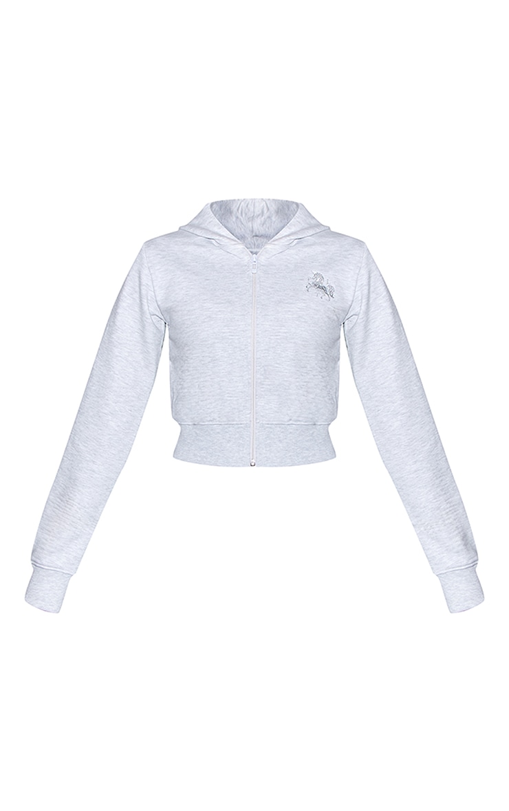 Ash Grey PLT Unicorn Embroidered Crop Zip Hoodie image 5