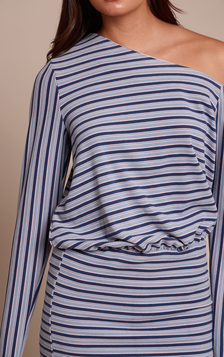 Navy Striped Asymmetric Long Sleeve Bodycon Dress image 4