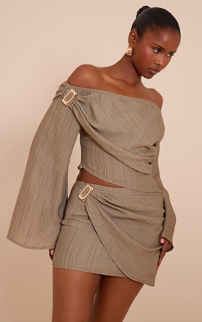 Mushroom Textured Gold Detail Bardot Long Sleeve Top