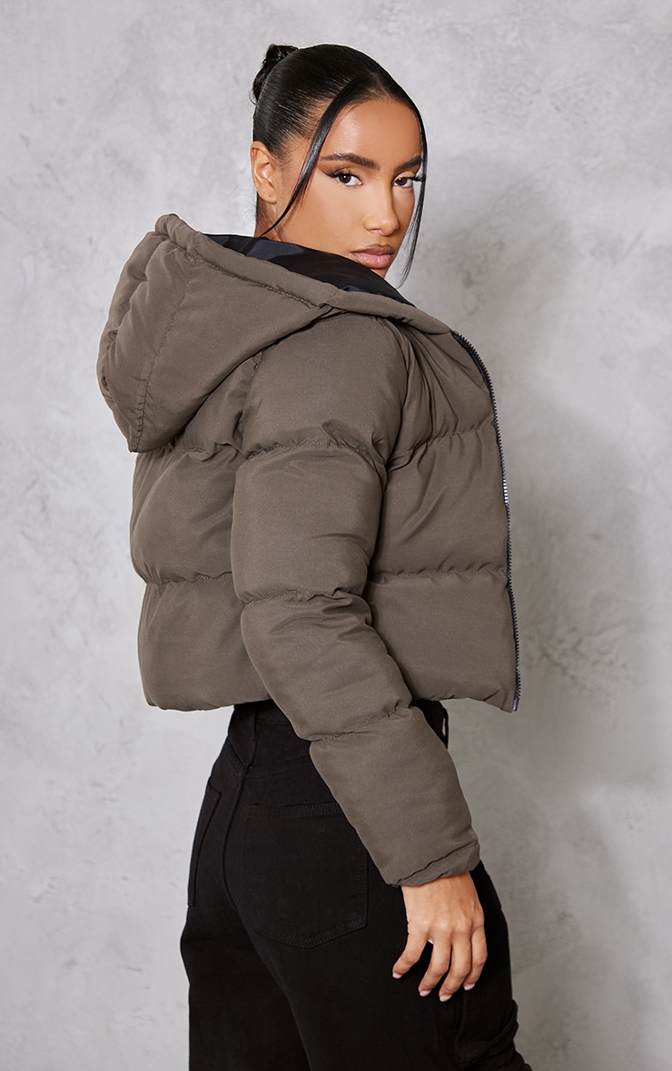 Khaki Basic Hooded Cropped Puffer image 2