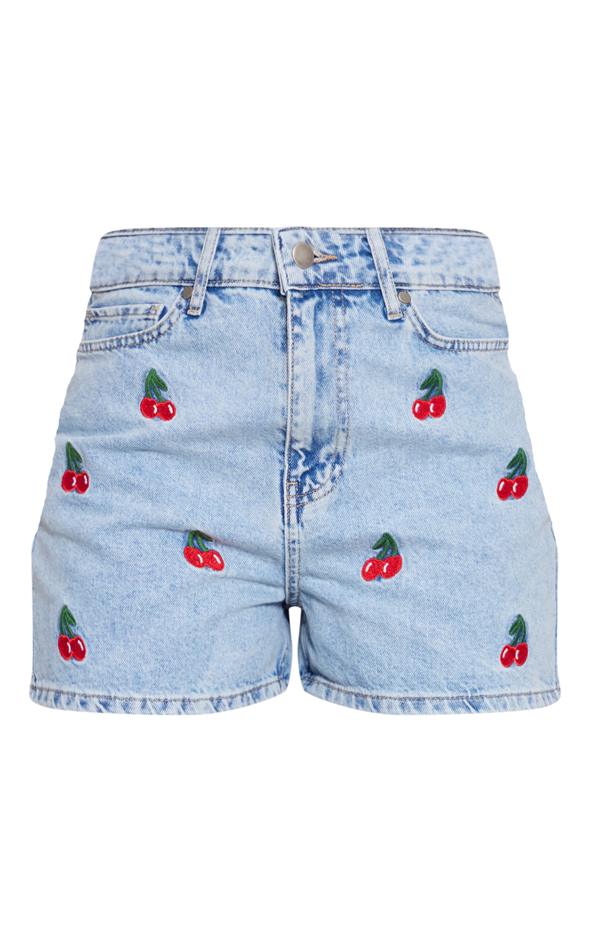 Mid Blue Wash Cherry Embroidered Shorts image 6
