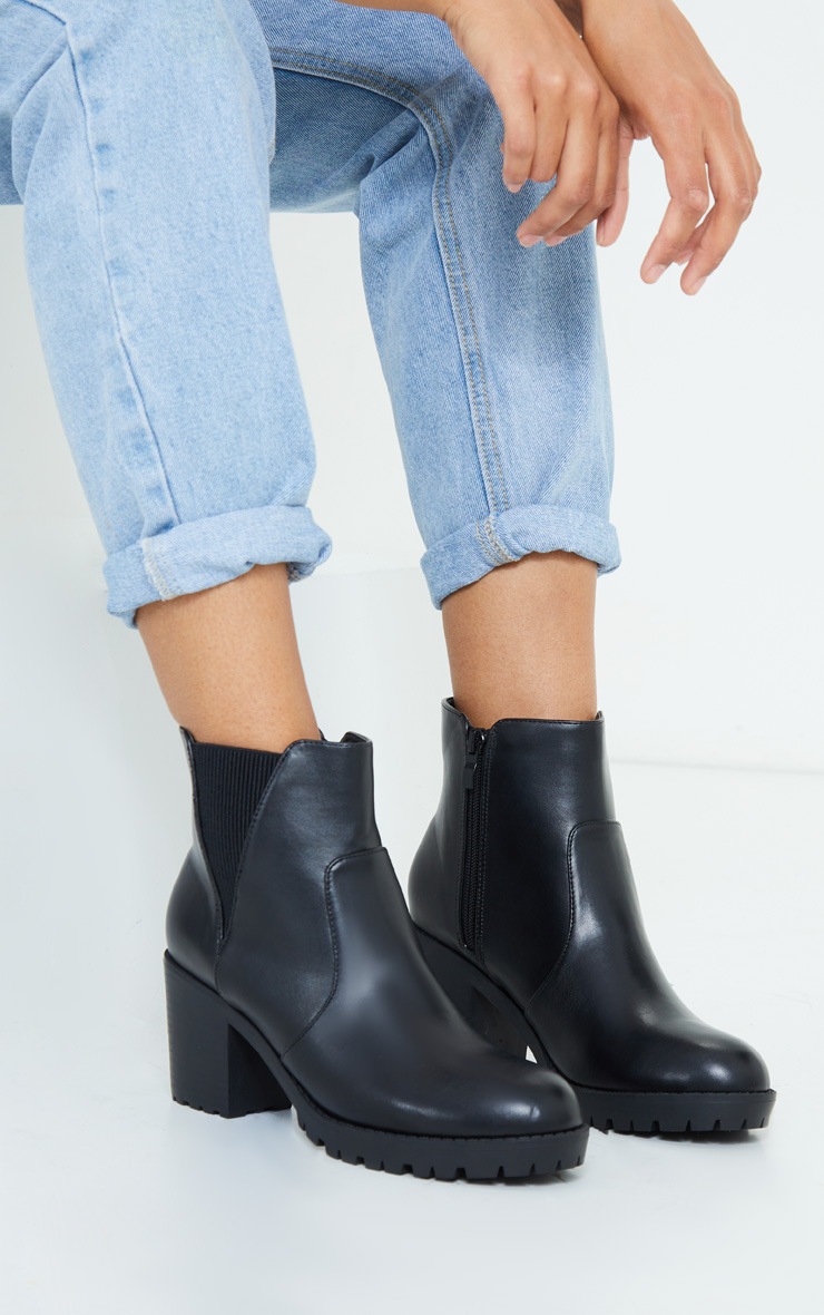 Black Basic PU Cleated Sole Heeled Ankle Boots