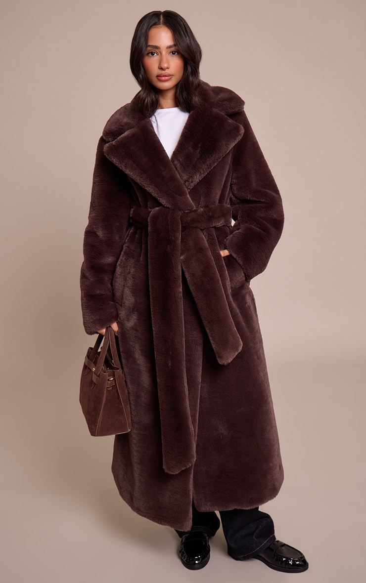 Petite Chocolate Faux Fur Tie Waist Maxi Coat