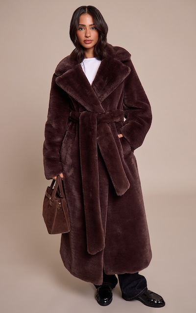 Petite Chocolate Faux Fur Tie Waist Maxi Coat