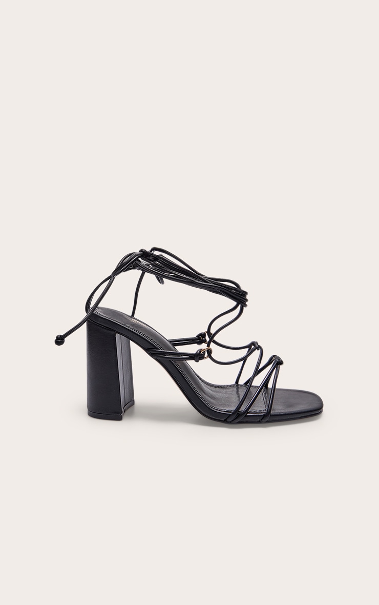 Black Wide Fit PU Square Toe Lace Up Block Heeled Sandals image 2