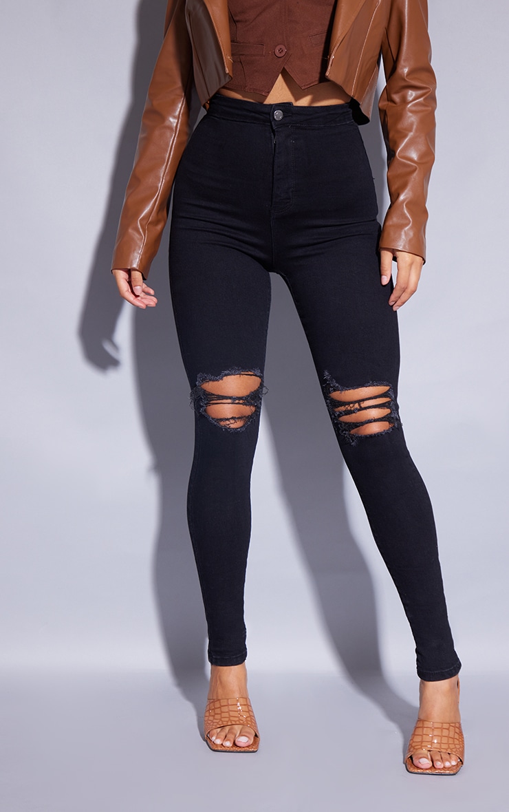 PRETTYLITTLETHING Black Disco Knee Rip Skinny Jeans image 2