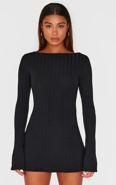 Black Wide Rib Flared Sleeve Shift Dress