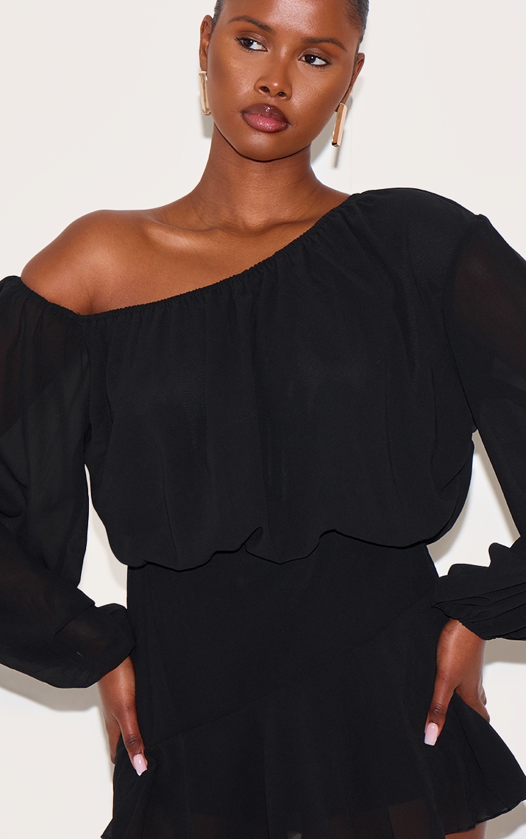 Black Chiffon One Shoulder Floaty Detail Skort Romper image 4