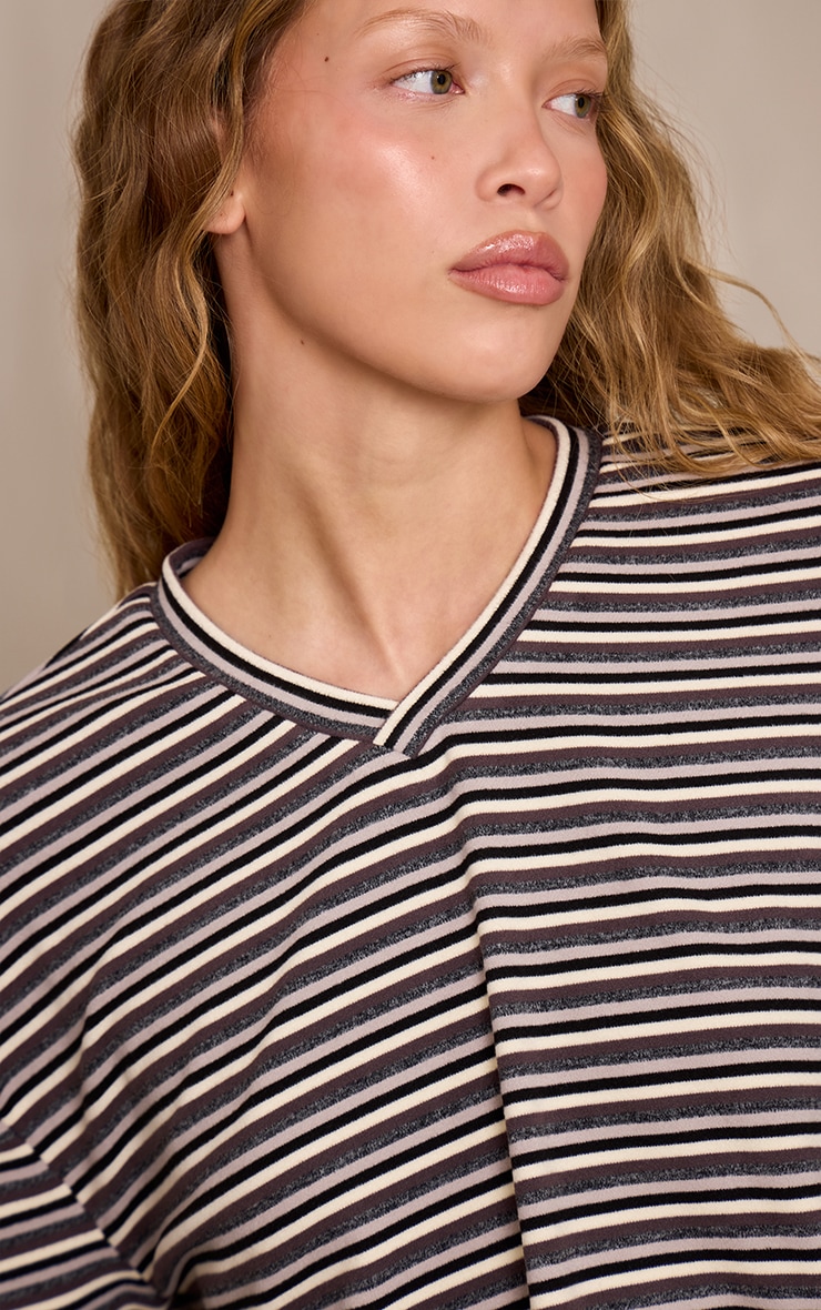 Grey Striped Soft Fleece V Neck Sweatshirt image 4
