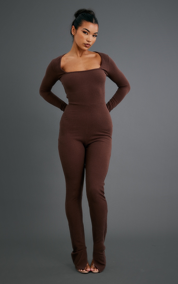 Chocolate Crinkle Rib Back Detail Long Sleeve Jumpsuit image 2