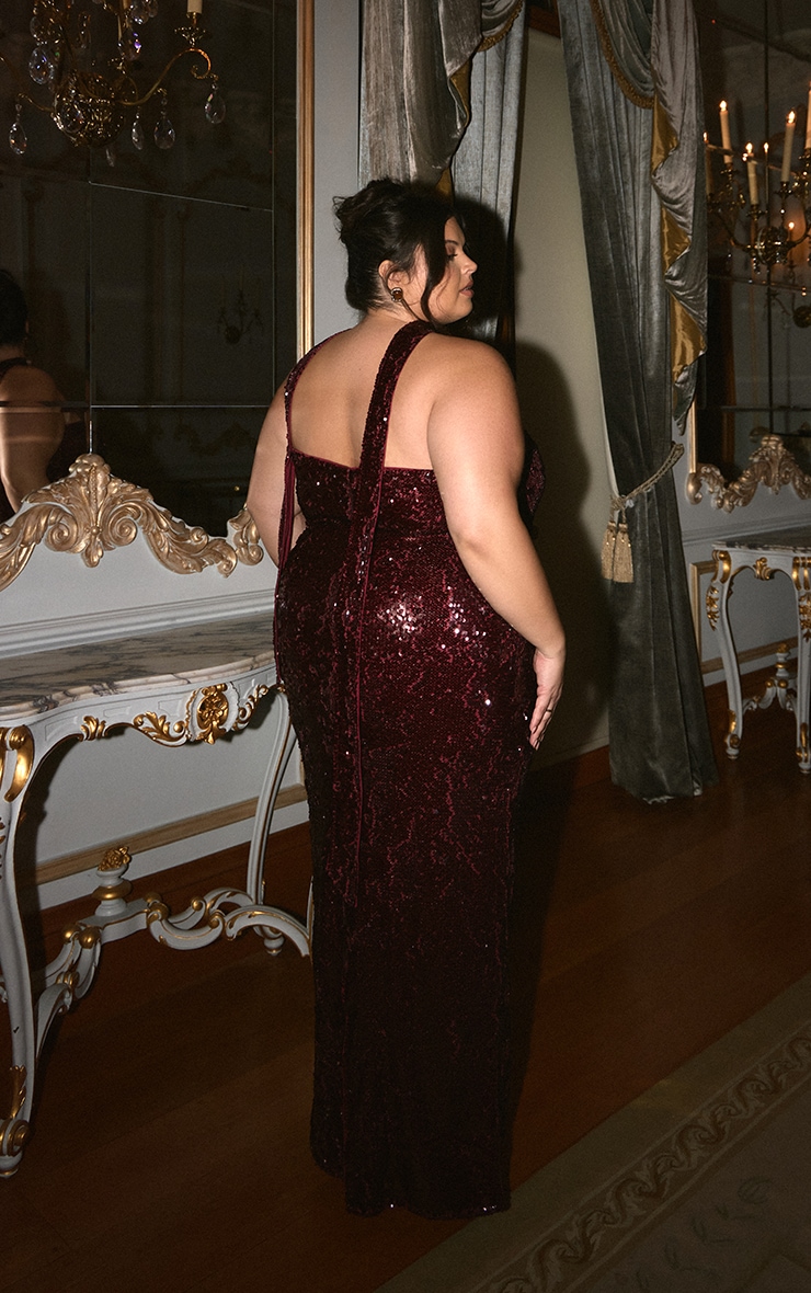 Plus Burgundy Sequin Scarf Detail Bandeau Maxi Dress image 2