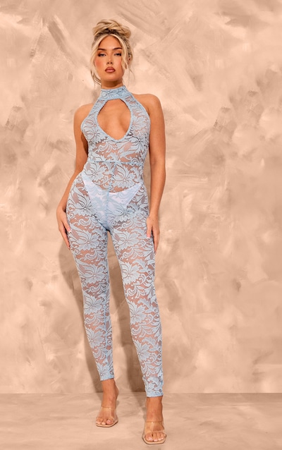 Baby Blue Lace Halter Neck Backless Jumpsuit