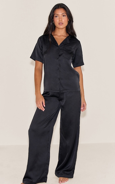 Black Satin Long Sleeve Long Pj Set