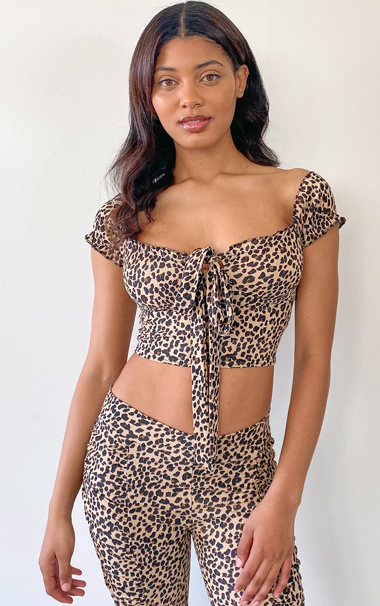 Tall Brown Bardot Leopard Detail Crop Top