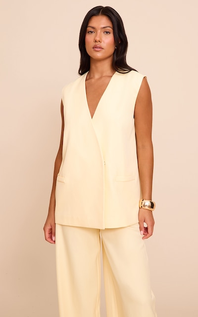 Butter Yellow Woven Collarless Oversized Shoulder Pad Waistcoat