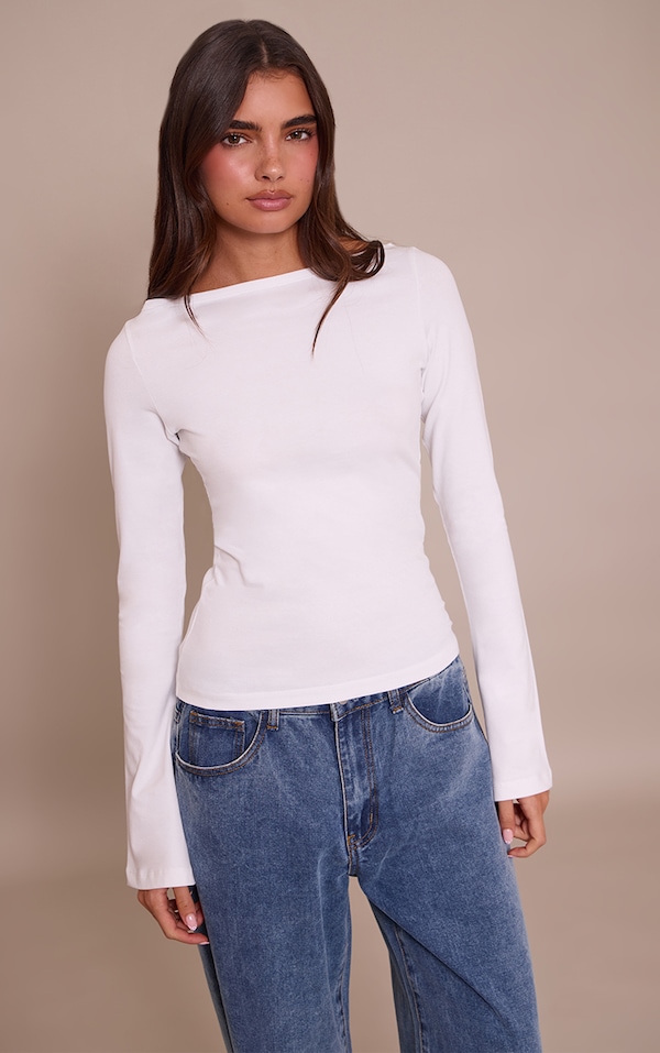 White Soft Cotton Boat Neck Flared Long Sleeve Top