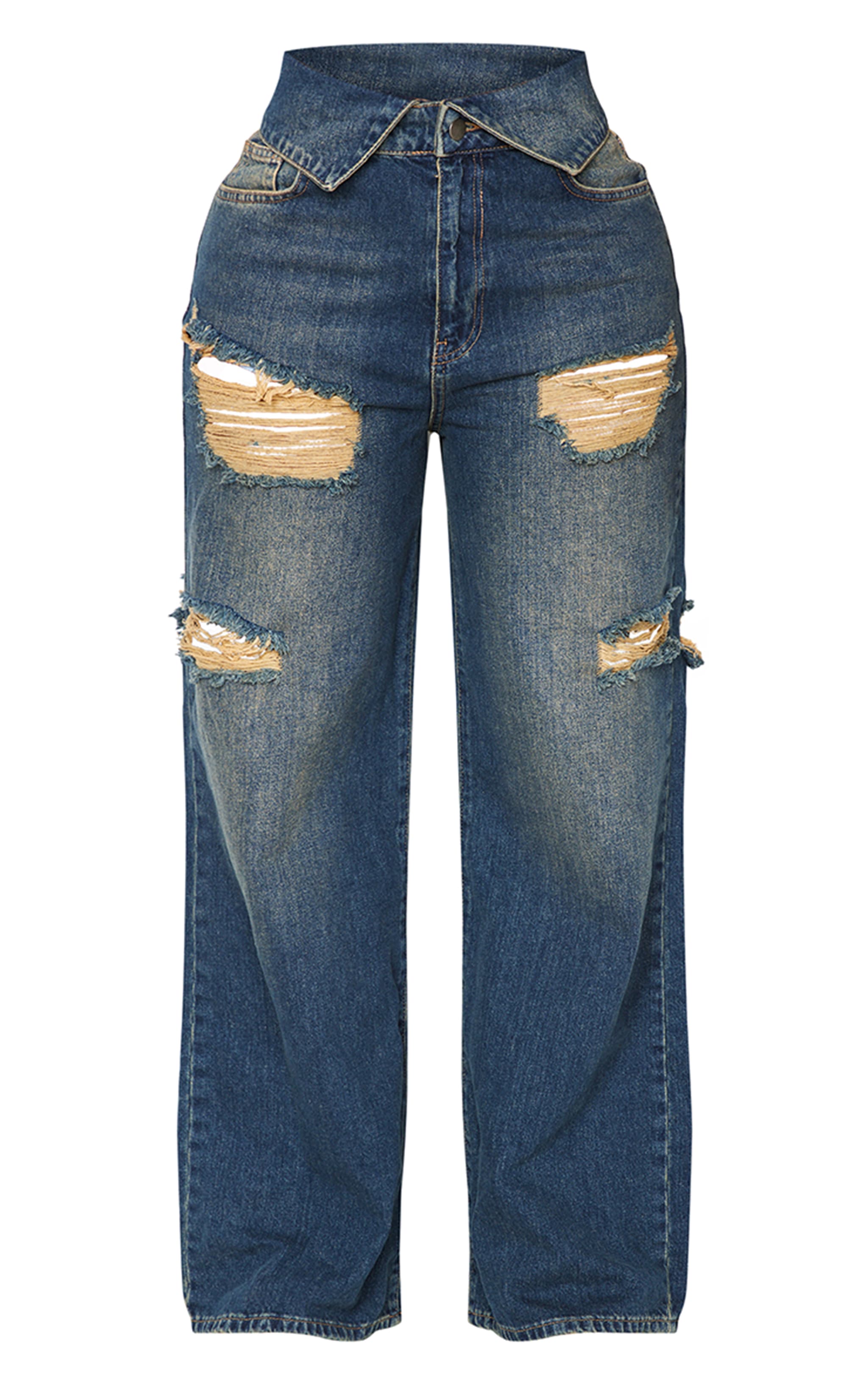 Shape Indigo Blue Wash Denim Foldover Waist Ripped Wide Leg Jeans image 5