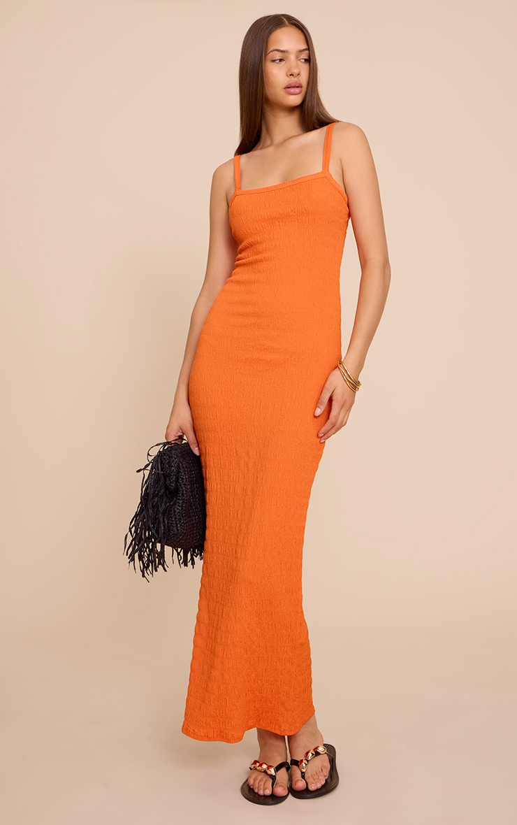 Orange Textured Scoop Neck Sleeveless Maxi Dress image 3