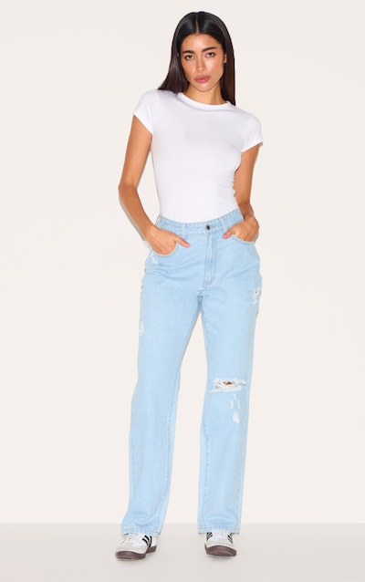 Light Blue Wash Distressed High Rise Straight Leg Jeans