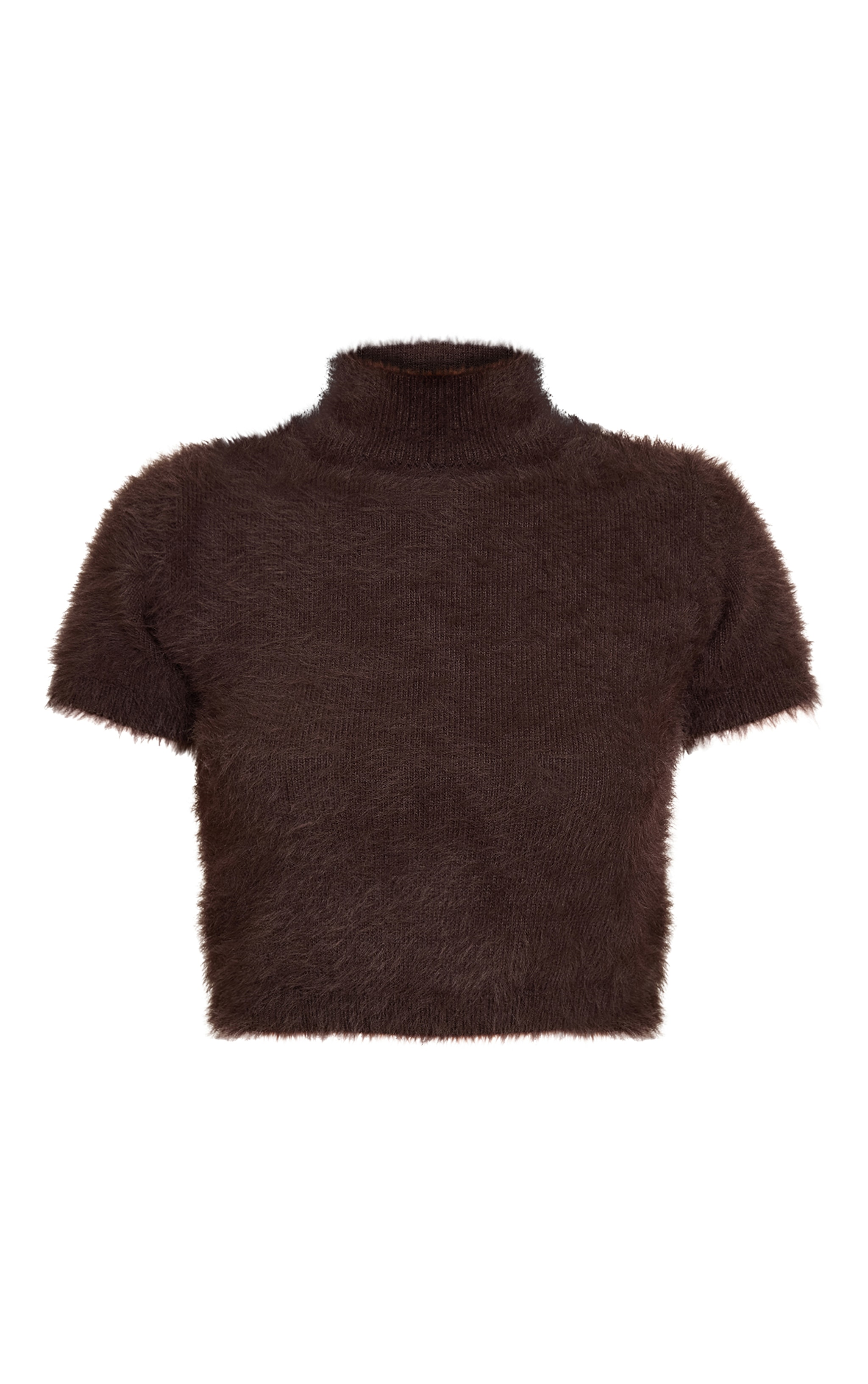 Pull court en maille tricot duveteuse chocolat à manches courtes image 5