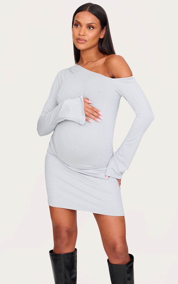 Maternity Grey Asymmetric Ruched Long Sleeve Mini Dress