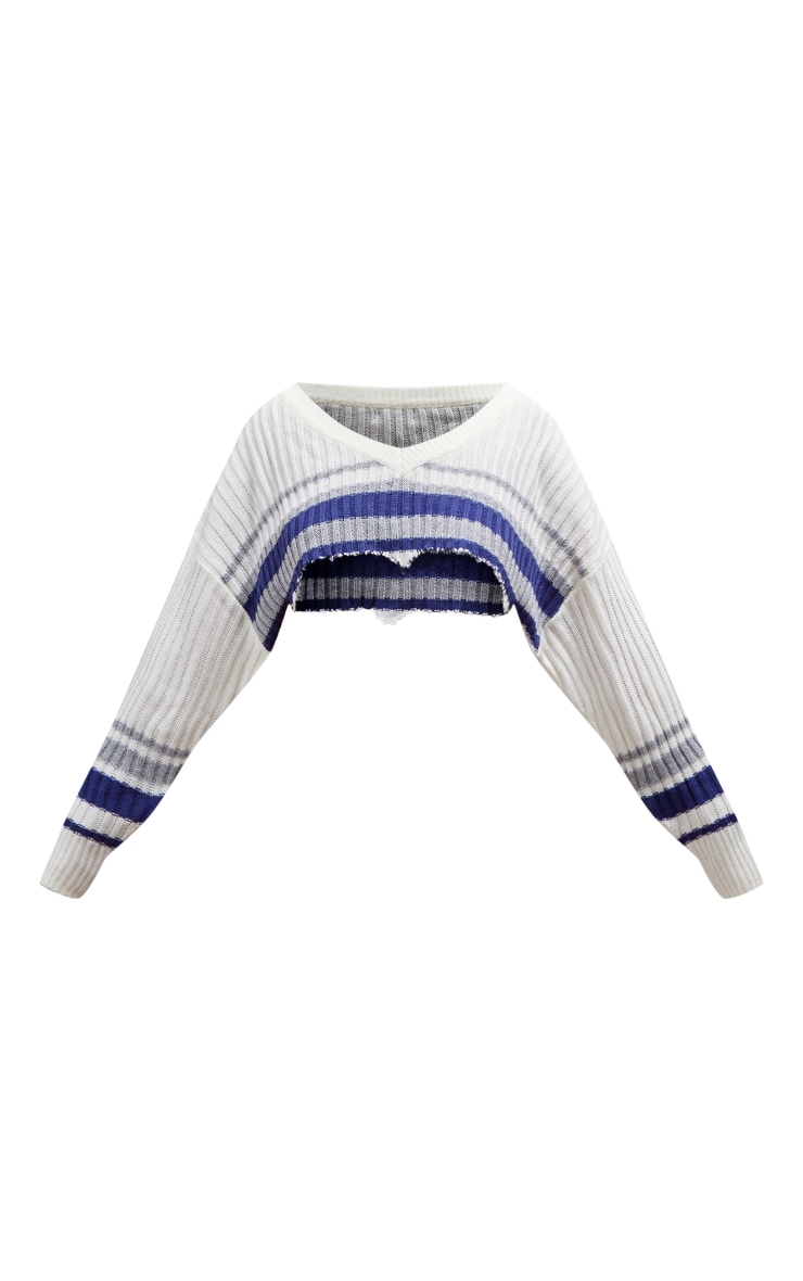 Cream Stripes Raw Edge Crop Knit Sweater image 1