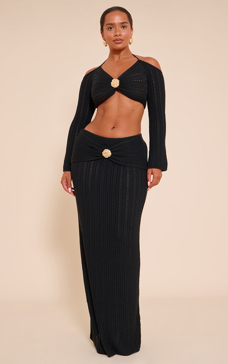 Shape Black Crochet Gold Hammered Trim Maxi Skirt image 1