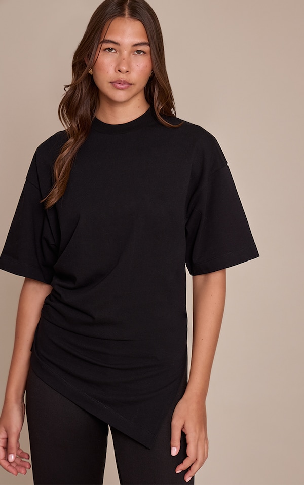 Black Cotton Ruched Side Detail Oversized T Shirt