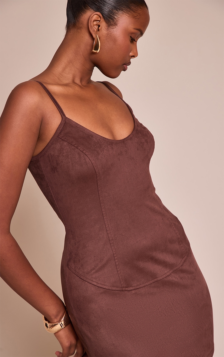 Chocolate Faux Suede Strappy Mini Bodycon Dress image 4
