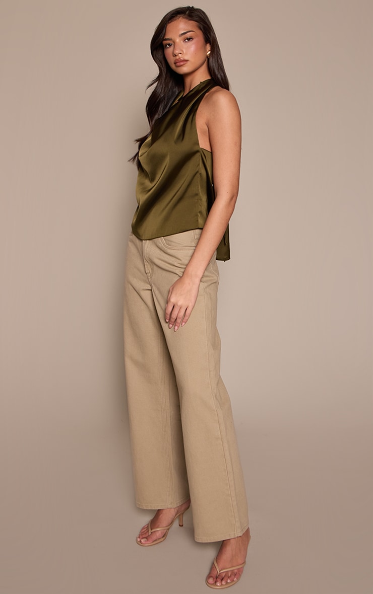 Olive Satin Cowl Back Halterneck Top image 3
