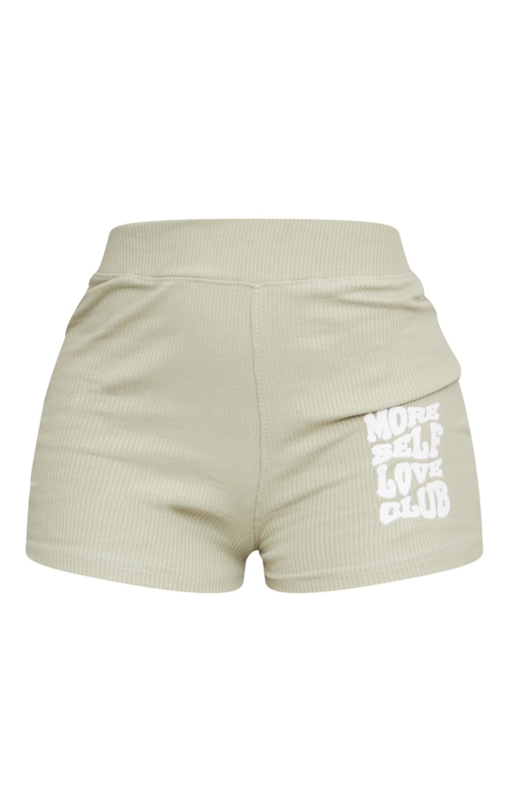 Sage Khaki Rib More Self Love Club Slogan Print Hot Pants image 6