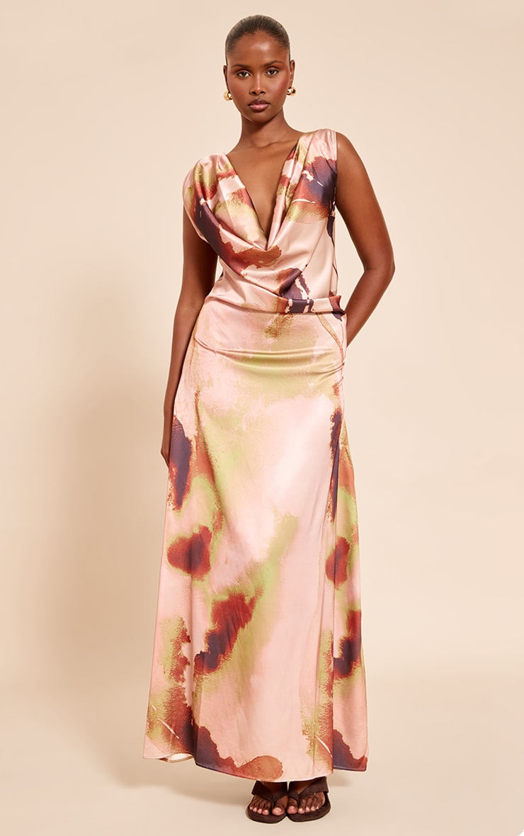 Blush Abstract Floral Print Satin Extreme Cowl Maxi Dress image 1