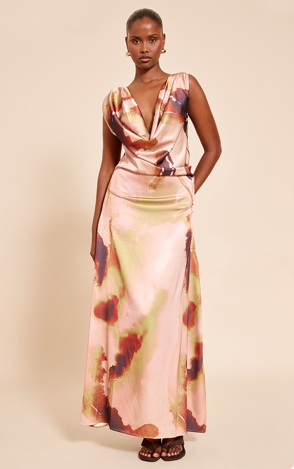 Blush Abstract Floral Print Satin Extreme Cowl Maxi Dress