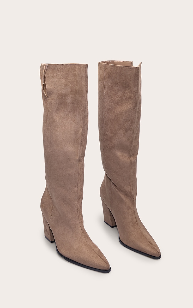 Taupe Faux Suede Point Toe Block Heeled Knee High Boots image 3