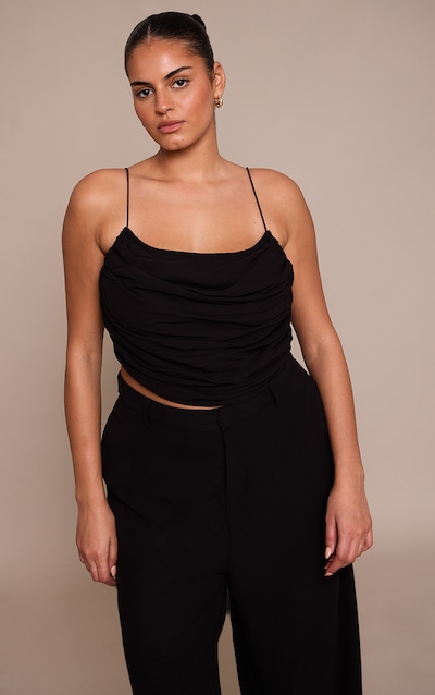 Plus Black Chiffon Ruched Side Strappy Top