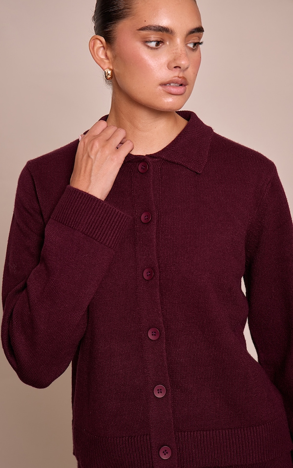 Chocolate Plum Button Through Collar Cardigan